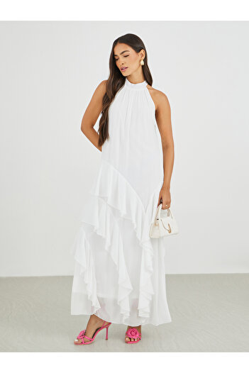 Styli Solid Halter Neck Ruffled Tiered Maxi Dress