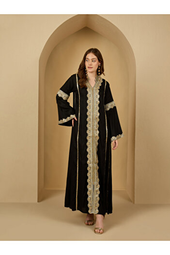 Styli Embroidered Lace Trim V Neck Jalabiya