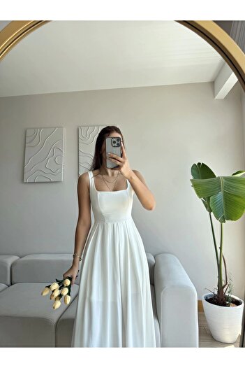 Zoom Butik Valeria Kare Yaka Midi Elbise - BEYAZ