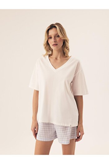 ESOTIQ Set pijama de vară pentru femei, format din două piese, tricou și pantaloni scurți, 100% bumbac, model Vichy | Rossini