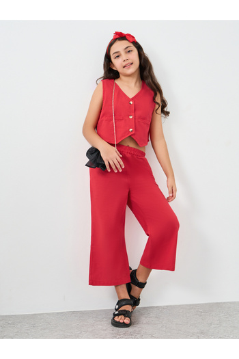 Styli Red Cotton Vest and Culottes Set