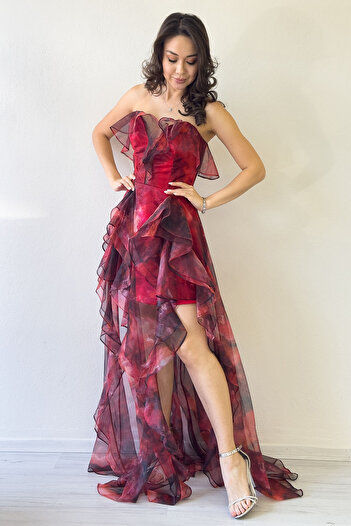 the ZKS Women's Tie-Dye Patterned Strapless Ruffle Evening Dress Purple, Red, Oil, Brown
