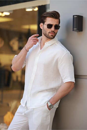 Madmext White Basic Men's Shorts Shirt Suit E7321