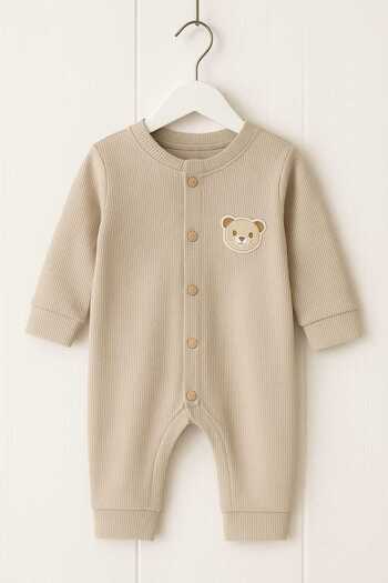 neocotton Long Sleeve Ribbed Baby Jumpsuit with Front Snaps and No Booties