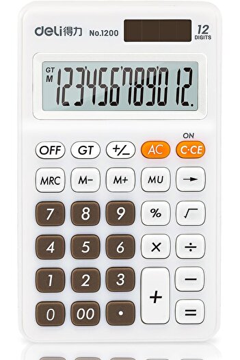Deli 1200 Solar/Battery Pocket Calculator, 12-Digit Display, 50g Lightweight & Silicone Keys - White