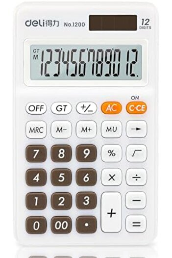 Deli 1200 Solar/Battery Pocket Calculator, 12-Digit Display, 50g Lightweight & Silicone Keys - White