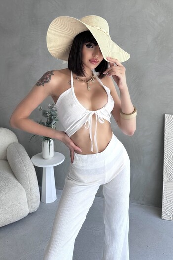 New Now Yumeko Decollet Crop, High Waist Tubular Pants Suit
