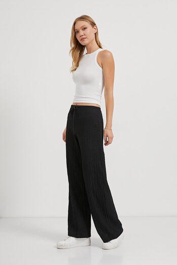 Arma Life Women's Flexible Waist Elastic Wide Leg Black Trousers