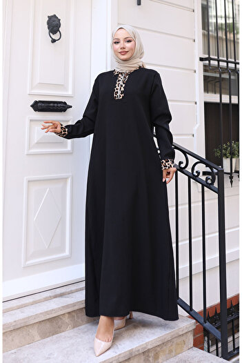 sefamerve Leopar Desenli Elbise 0119-01 Siyah