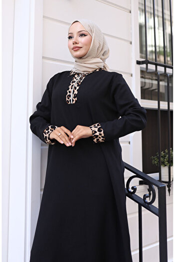 sefamerve Leopar Desenli Elbise 0119-01 Siyah