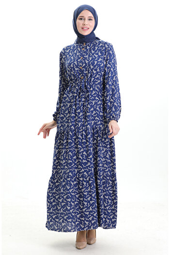 sefamerve Half button floral patterned dress 0025-06 dark blue