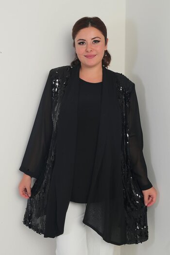 By Saygı Women's Round Neck Lycra Blouse Pulpayet Chiffon Jacket Plus Size 2-Piece Suit