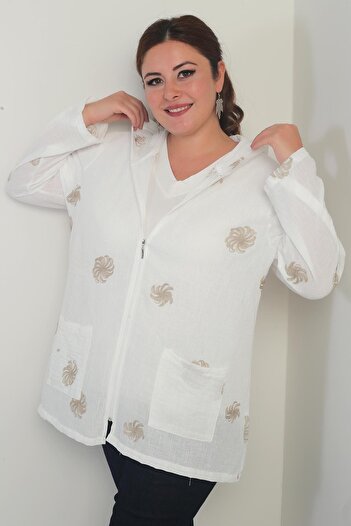 By Saygı Hooded Bag Pocket Glitter Embroidered Spiral Pattern Washable Zipper Plus Size Jacket