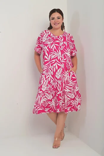 By Saygı Women's V-Neck Mixed Leaf Pattern Pocket Skirt Ruffle Plus Size Dress