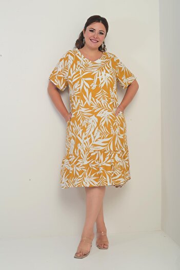 By Saygı Women's V-Neck Mixed Leaf Pattern Pocket Skirt Ruffle Plus Size Dress