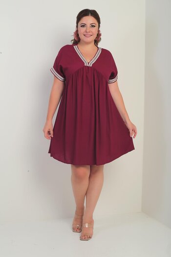 By Saygı Women's Lapel-Sleeve Zigzag Stripe Detail Plus Size Dress