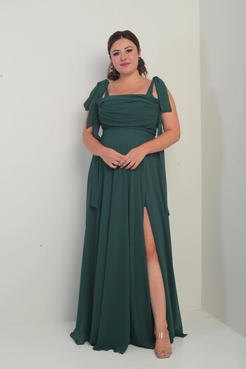 By Saygı Women's Degaje Collar Shoulder Tie Lined Plus Size Crepe Chiffon Long Dress