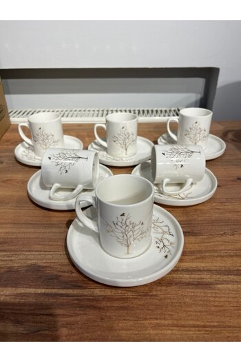 ColorCraft Coffee Cup Set for 6 People 12 Pieces Porcelain White Tree of Life Patterned