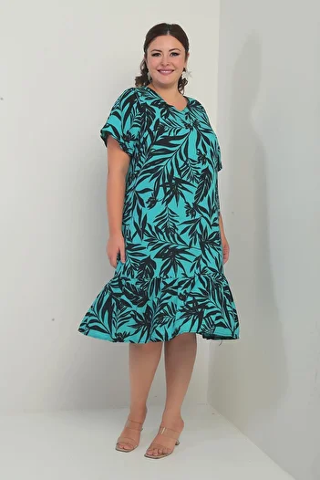 By Saygı Women's V-Neck Mixed Leaf Pattern Pocket Skirt Ruffle Plus Size Dress