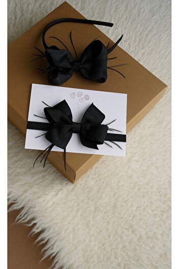 Massaltay Black Bow Feathered Maternity Crown and Baby Bandana – Mother Baby Compatible Hospital Release Set