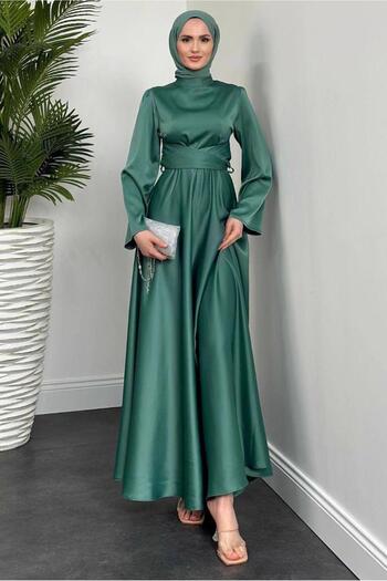 TRENDTESETTÜR Women's Green (K.Çağla) Belted Tesetture Evening Dress t 5016