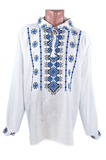 OEM Bluză tradițională bărbătească cu mâneci lungi, broderie negru-albastră, bumbac, mărimea 2XL
