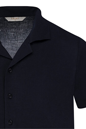 Hatemoğlu Navy Blue Regular Fit Collar Linen Shirt
