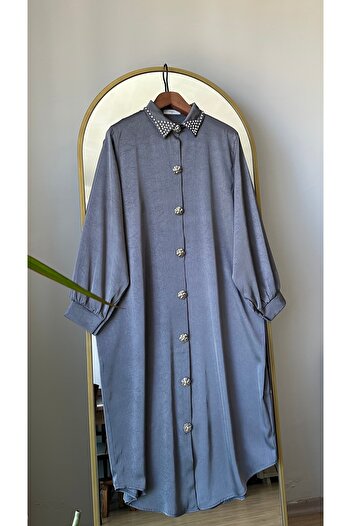 AFAG TEKSTİL Wide Fit Long Shirt with Stone Detail on the Collar