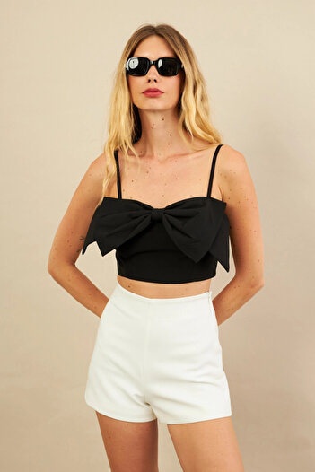 Cool & Sexy Women's Black Bow Crop Blouse Ked0089
