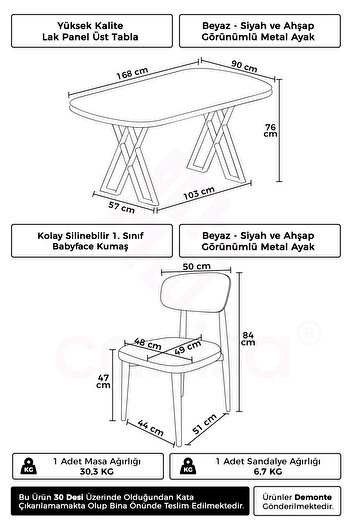 Canisa Jolin Serisi Mdf 90x168 Traverten Masa Takımı 6 Krem Ahşap Kaplama Metal Sandalye
