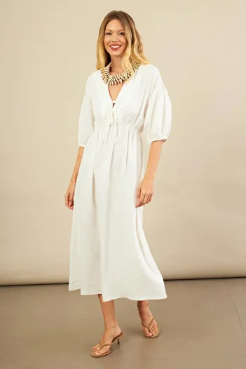 Cool & Sexy Women's White Elastic Waist Midi Muslin Dress Fro1001