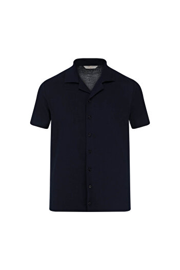 Hatemoğlu Navy Blue Regular Fit Collar Linen Shirt