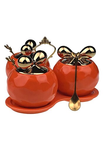 OEM Oliviera din ceramica, 3 boluri, cu lingurita, 22x12cm, portocaliu-auriu