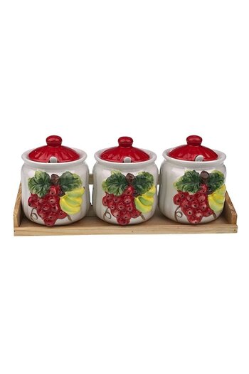 OEM Ceramic olive oil jar set, 3 bowls with wooden stand, fruit design, 34x14cm