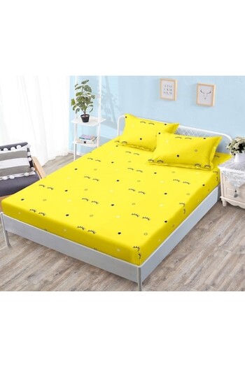 OEM Husa de Pat cu Elastic, 3 Piese, Bumbac Satinat, 180x200cm, Imprimeu Ochisori, Galben-Negru