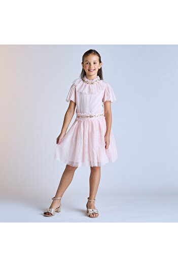 Juniors Embellished Knee Length Skirt with Pleat Detail