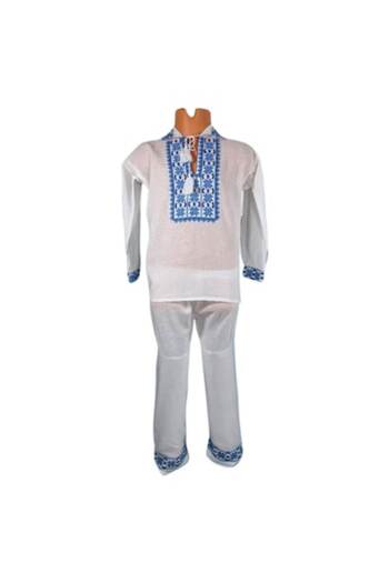 OEM Compleu National format din ie si pantalon cu broderie geometrica albastra, 4 ani