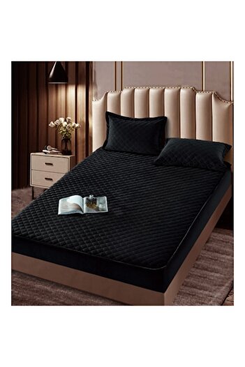 JOJO HOME Bedspread and 2 pillowcases, velvet, with diamonds, quilted mattress, 160x200cm, black