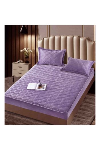 JOJO HOME Bedspread and 2 pillowcases, velvet, floral design, quilted mattress, 140x200cm, purple