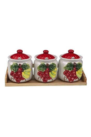 OEM Ceramic olive oil jar set, 3 bowls with wooden stand, fruit design, 34x14cm