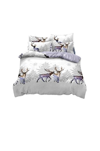 JOJO HOME Lenjerie de pat, Jojo Home, Finet, 1 persoana, 4 piese, Reindeer Family, 155x230cm, Multicolor