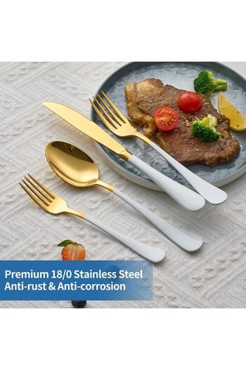 COOYA 24-Piece White&Gold Silverware Cutlery Set,Stainless Steel Cutlery Set for 6,Modern Cutlery Set