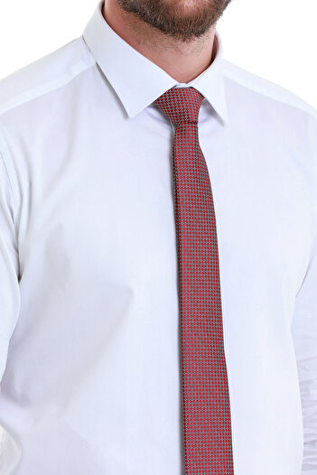 Hatemoğlu Λευκό Slim Fit Απλό 100% βαμβακερό μακρυμάνικο σατέν πουκάμισο με λεπτή λαιμόκοψη