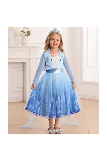 OEM Elsa Frozen Deluxe Costume for Girls, Set with Wig, Crown, Wand, Gloves and Jewelry, 5-6 years, 130cm