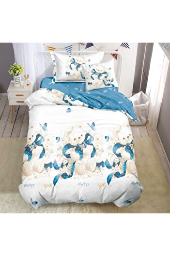 OEM Bed Linen, Fine Satin, 1 Person, 150x220 cm, 4 Pieces, Bear Print, Multicolor