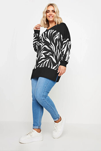 Stil Diva Plus Size Patterned Stretch Fabric Long Sleeve Long Cut Blouse 303057