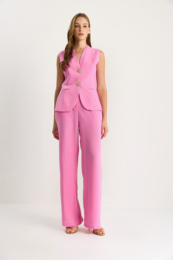 Bianco Lucci Women's Gold Button Detailed Vest High Waist Trousers Viscose Linen Suit 9392 60281109