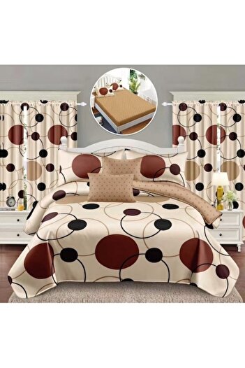 OEM 8-piece bed linen and curtain set, fitted sheet, Elegant Finet, circular, beige shades