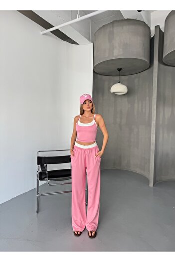 BEJNA Women's Pink Double Layer Detailed Modal Textured Bottom Top Set