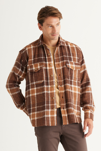 AC&Co / Altınyıldız Classics Men's Mink-brown Oversize Loose Cut Button Collar Plaid Winter Shirt Jacket